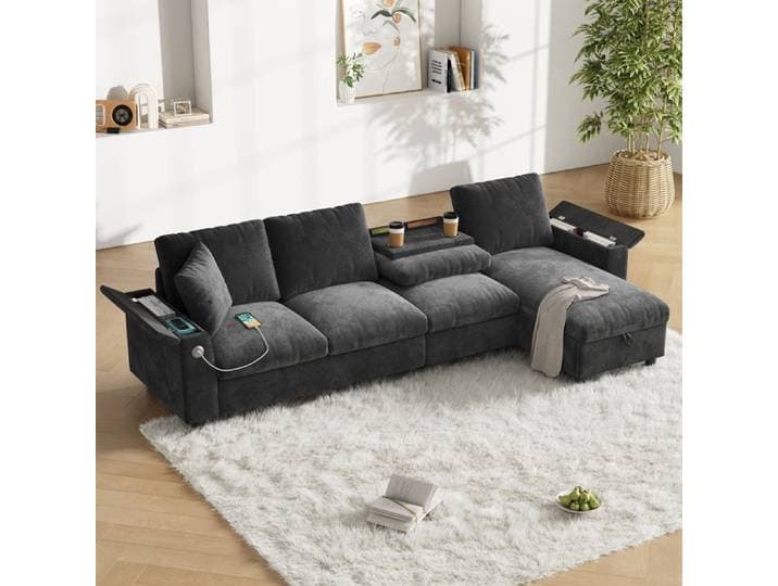 Canapé - Canapé d'angle en L - Revêtement chenille - Angle réversible - Espace de rangement & port USB-C