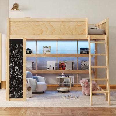 Queen Size Wood Loft Bed With Led Light, Chalkboard Panel And Book Shelves
