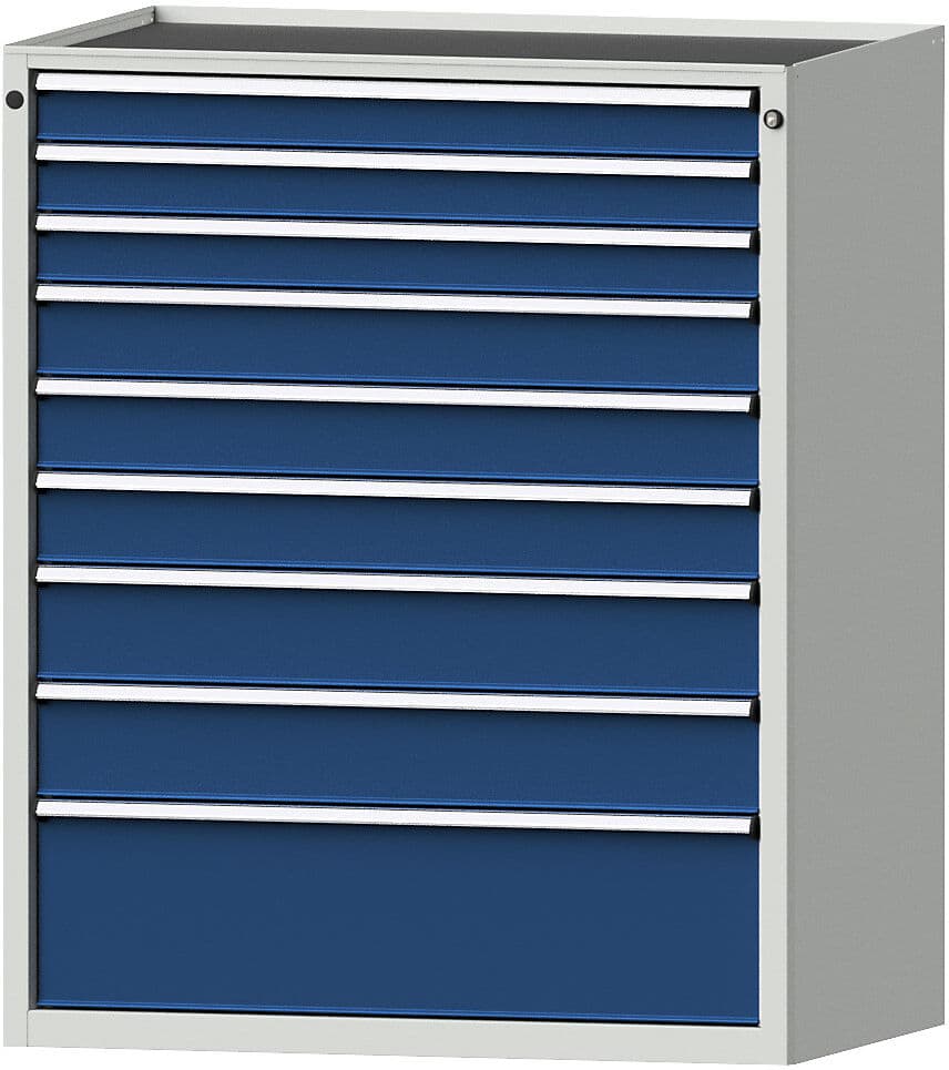 Schubladenschrank, BxT 1060 x 675 mm, Schubladentraglast 200 kg, 9 Schubladen, Höhe 1280 mm, Front enzianblau ANKE