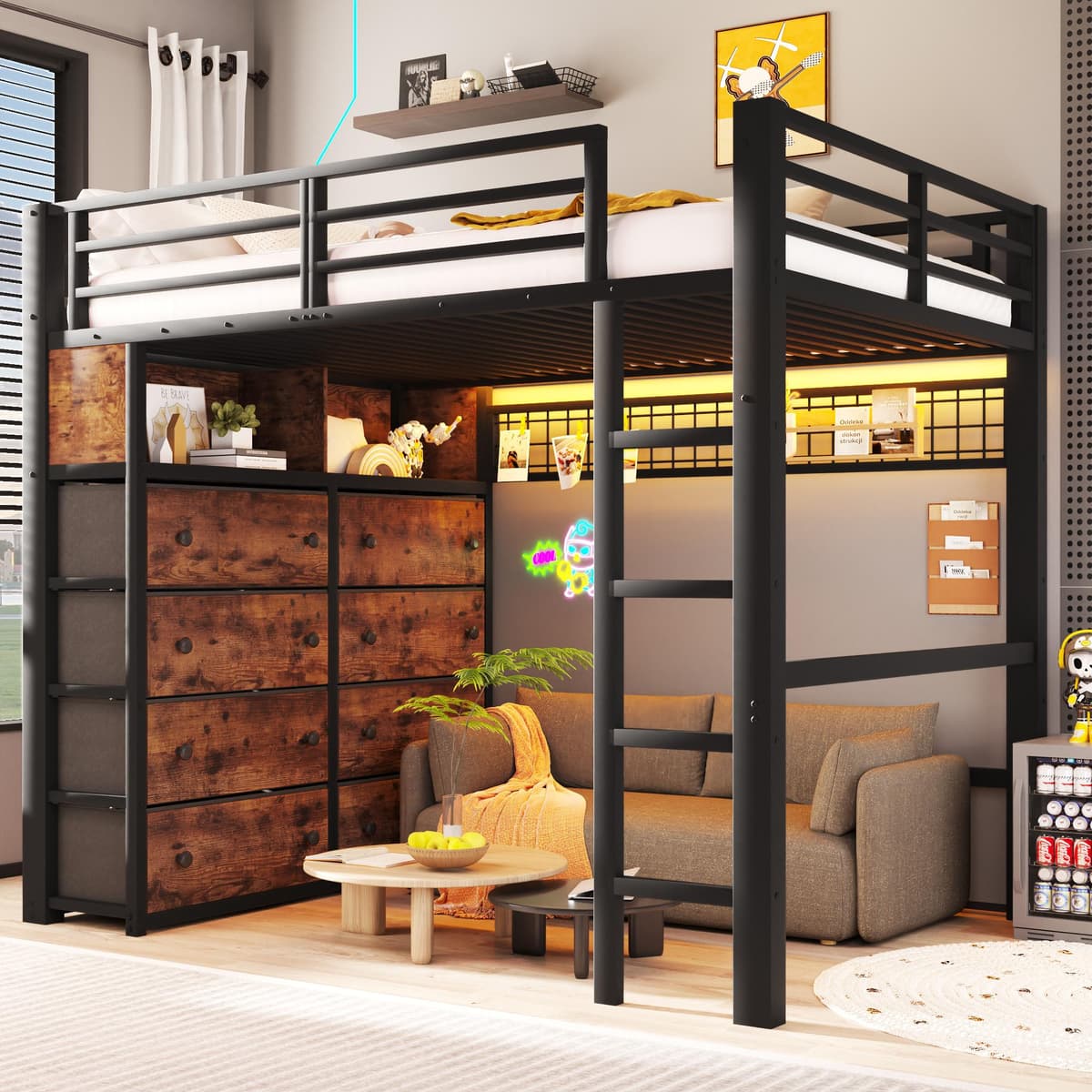 Metall-Hochbett 140 x 200 cm mit 8 Schubladen, 2 Regalen, Lochwand, LED-Beleuchtung und Stauraum, Kinderhochbett, Schutzgitter, Schwarz, Metall