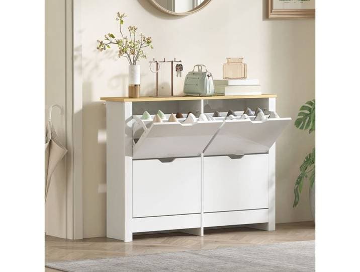 Meuble à Chaussures Étroit 4 Compartiments Abattants avec Tablette - MEUNIQ - pour Entrée Blanc et Naturel 105×26×80 cm