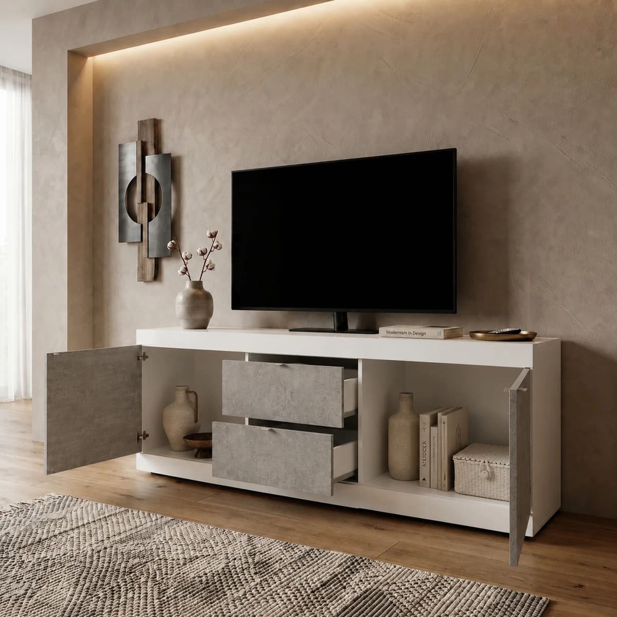 garneroarredamenti Mobile porta TV 210x66h cm 2 ante 2 cassetti bianco lucido cemento Eternity