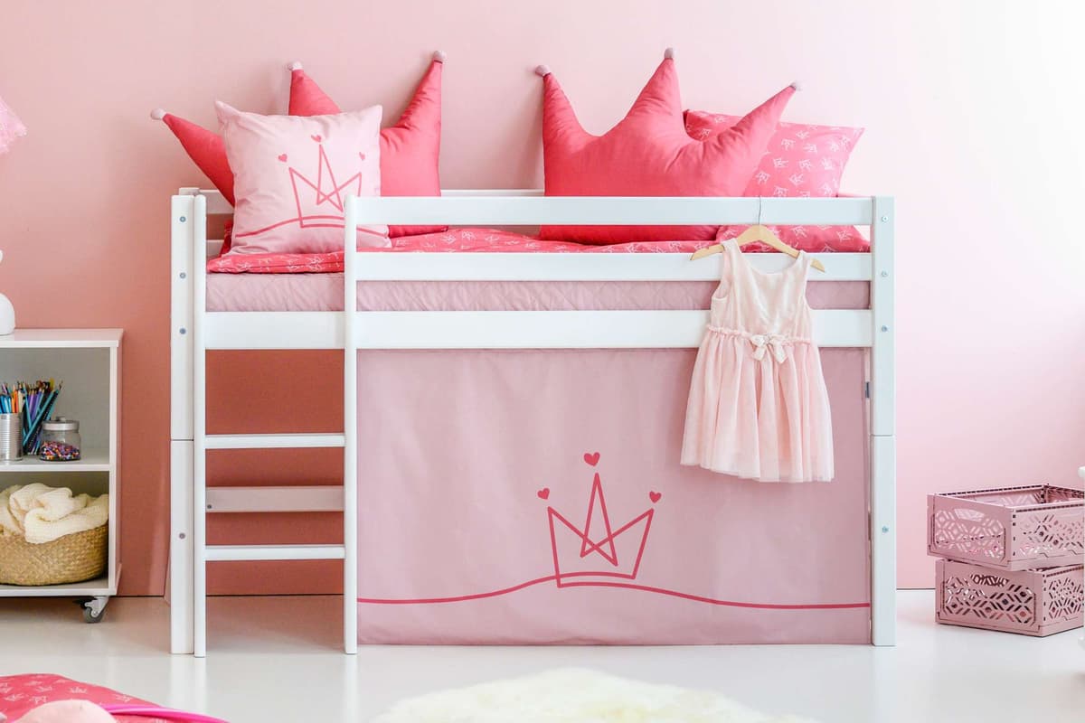 Hochbett HOPPEKIDS "ECO Dream, Kinderbett, Spielbett, Halbhohes Bett aus Massivholz", rosa (weiß, prinzessin rosa), B:81cm H:105cm L:168cm, Kinderbett: 100% Massivholz: Nordische Kiefer, Vorhang: 100% Baumwolle, Matratzenbezug 100% Baumwolle, Matratze: Sc