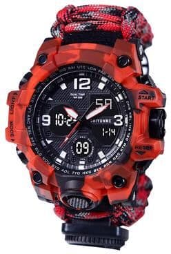 Multisell Products Hub Survival Compass Watch With Flint Whistle And Rope Outdoor Multi Tool Watch camouflage Red