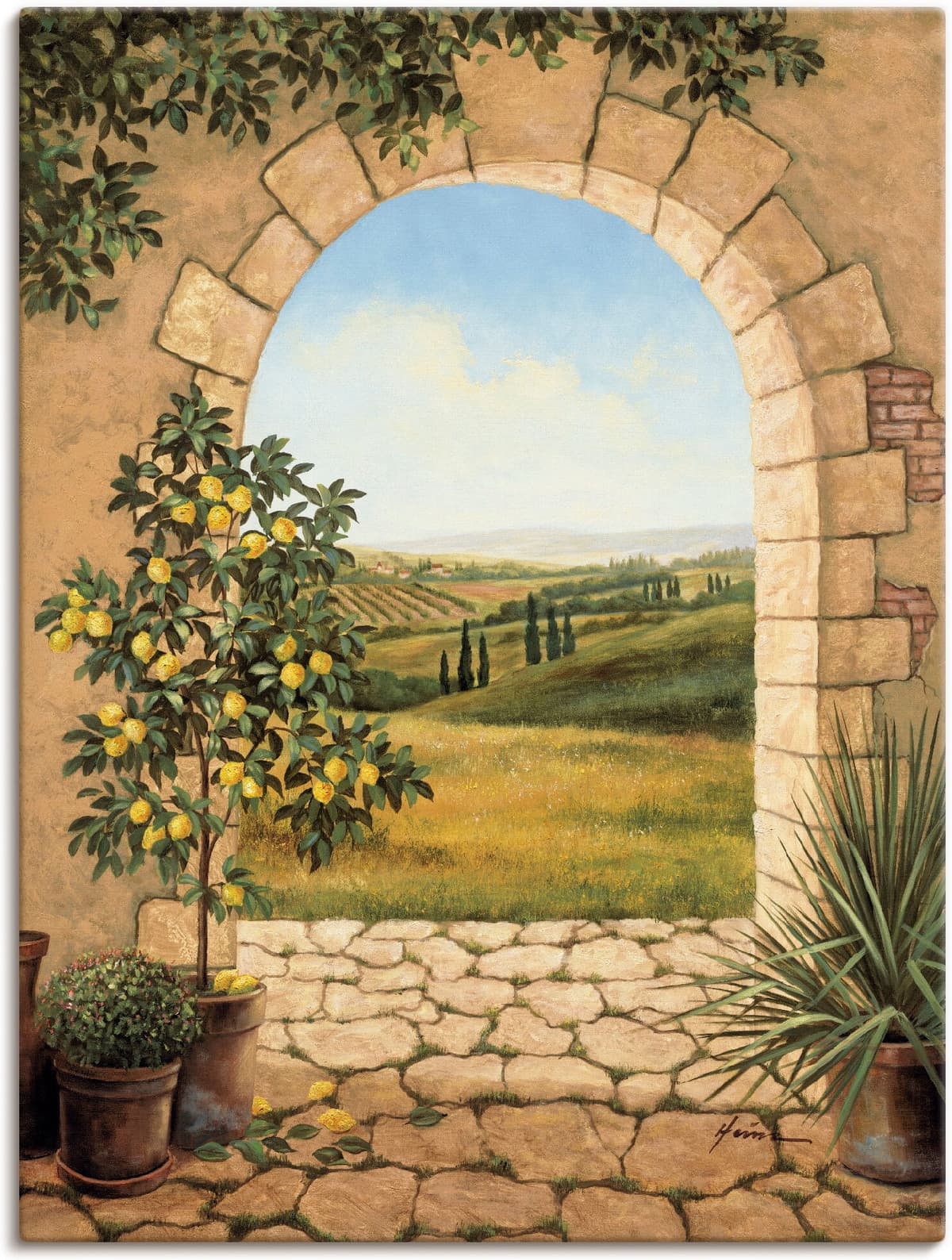 Artland "Zitronenbaum vorm Torbogen" Fensterblick 1 Stk. tlg. als Leinwandbild, Poster in verschied. Grössen farbe bild(er): naturfarben B/H/T: 30cm x 40cm, Leinwandbild Fensterblick, 1 Stk.