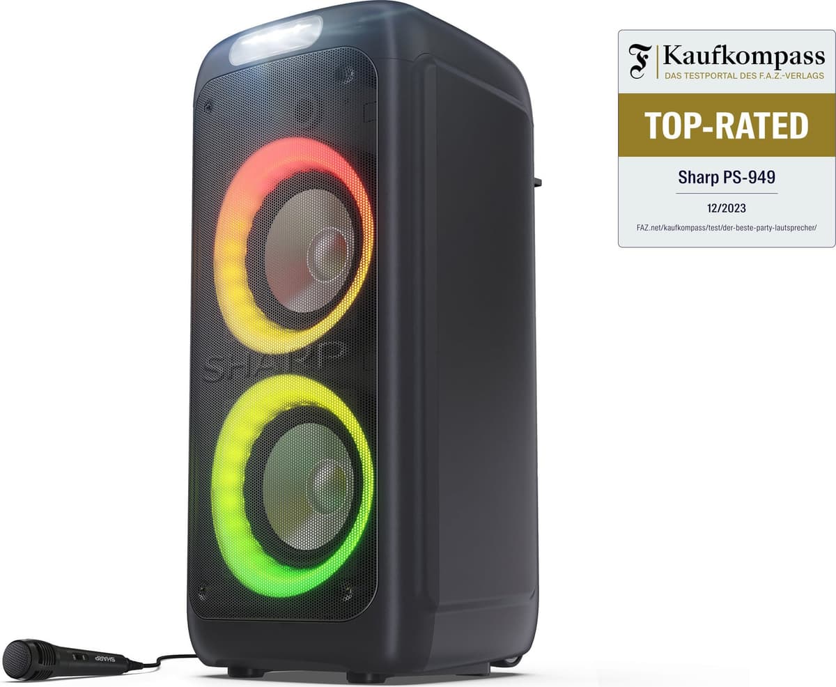 Sharp PS-949 Bluetooth-feestluidspreker met 200 watt, LED-lichteffecten en microfoon, zwart