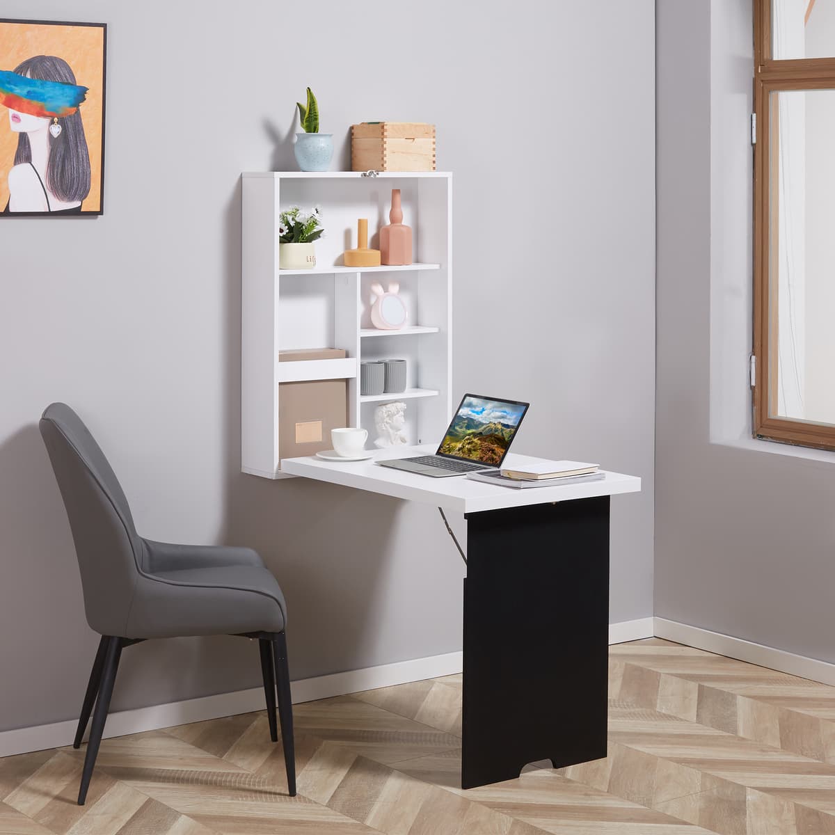 Homcom Scrivania da parete ribaltabile con 5 scomparti 60x94,5x147 cm, nero/bianco   Aosom Italy