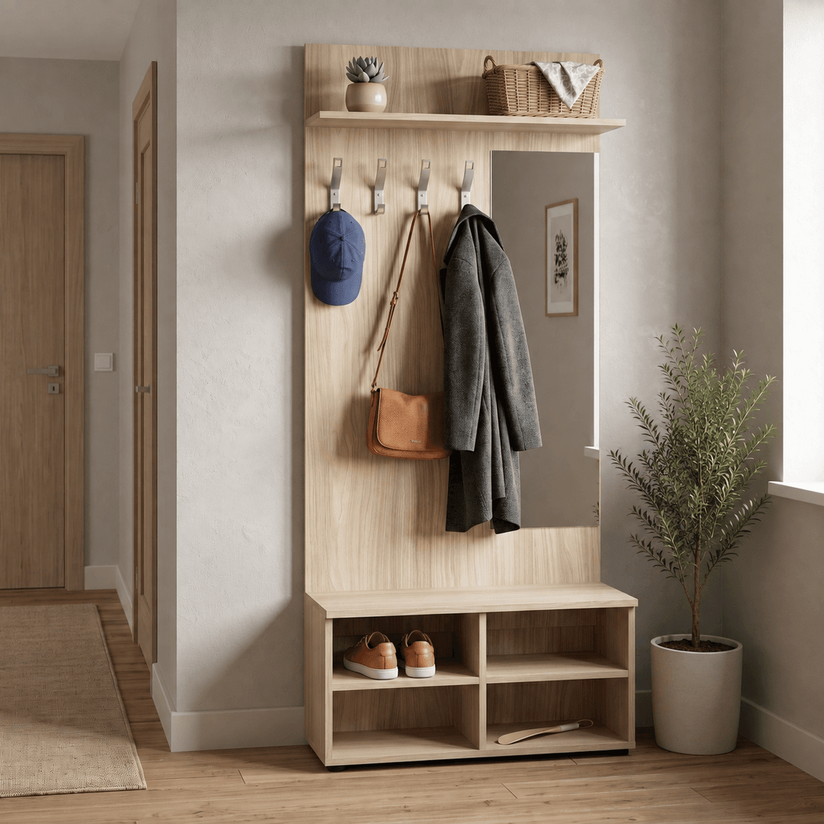 B2B Partner Vešiaková stena s botníkom a zrkadlom PRIMO WOOD, 4 háčiky, polica, roky zvisle, orech