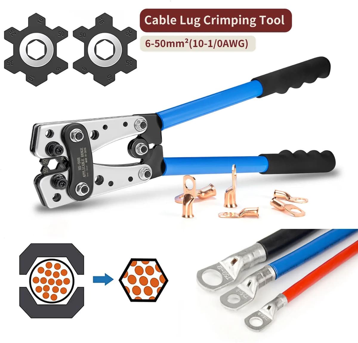 ACOONY HX-50B Battery Cable Lug Crimping Plier Heavy Duty Wire Lugs,Battery Terminals,Copper Lugs Wire Crimper Tool AWG10,8,6,4,2,1/0