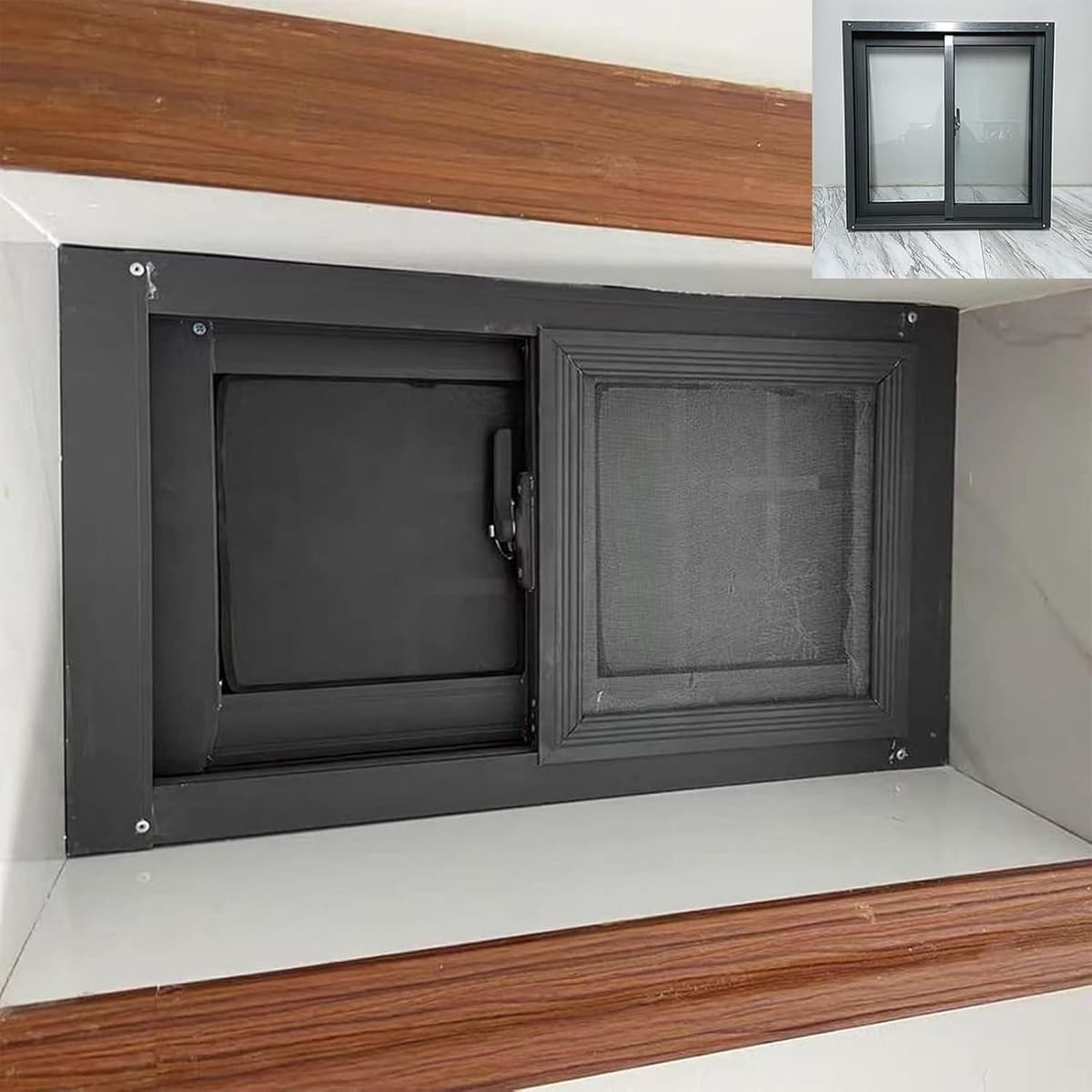 Schiebbares Ersatz-Kellerfenster, 90 x 45 cm, mit Aluminiumrahmen für Schuppen, Hühnerstall, Badezimmer und Küche, wetterfest, stilvoll und einfach zu installieren, Schwarz