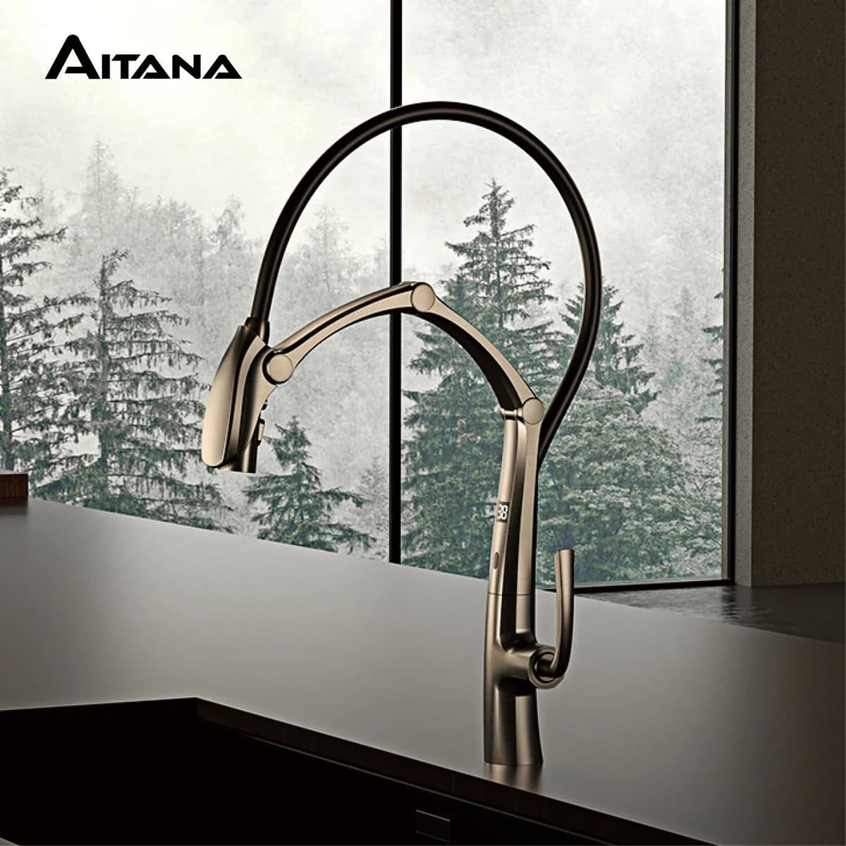 NONE Luxury brass gun gray kitchen faucet Digital display Intelligent induction magnetic suction Pull-Out design Cold & hot sink Tap