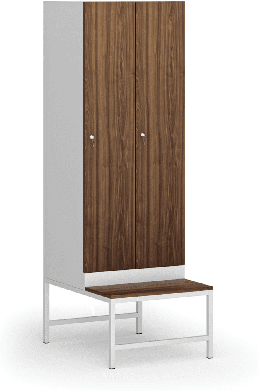 B2B Partner Szafka ubraniowa S1 z ławką, 2-drzwiowa, 1875 x 600 x 500/800 mm, zamek cylindryczny, drzwi laminowane, orzech