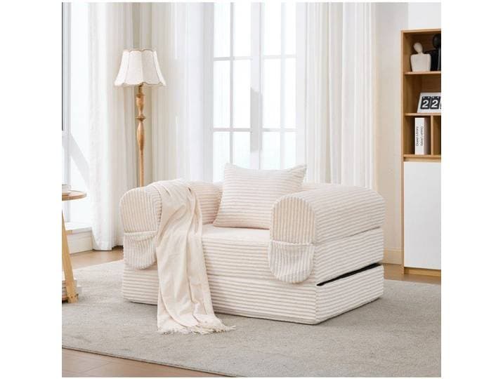 ROVRYN Chauffeuse convertible 1 place 2 en 1 velours cotele beige avec coussin assorti