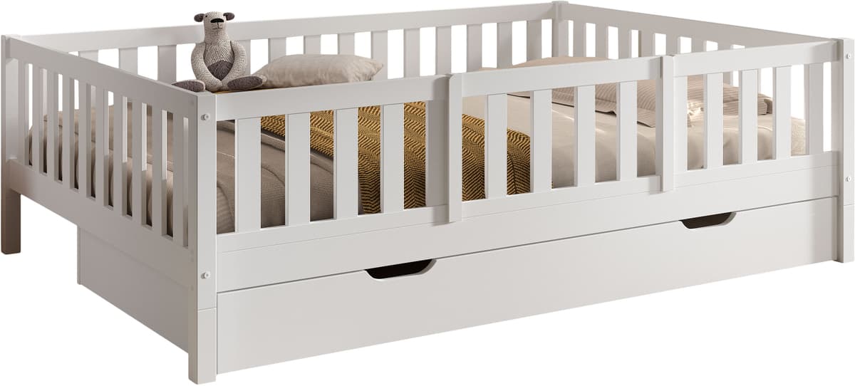 Daybett VIPACK "Dallas Massiv Bett mit Rausfallschutz umbaubar vom Boden- zum Daybett", weiss (weiß, weiß), B:147cm H:66cm L:210cm, Daybetten, Daybett, mit Bettschublade, wahlweise Kiefer massiv natur oder weiss weiß, weiß Liegefläche B/L: 140cm x 200cm B
