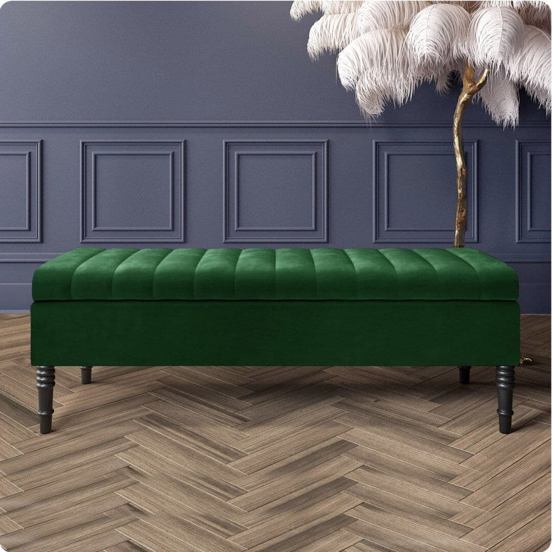 R&M Furnishers Safar Striped Ottoman Storage Bench – Upholstery Plush Velvet Shoe Bench with Black Turned Wooden Legs Forest Green 40cm H x 120cm W x 40cm D