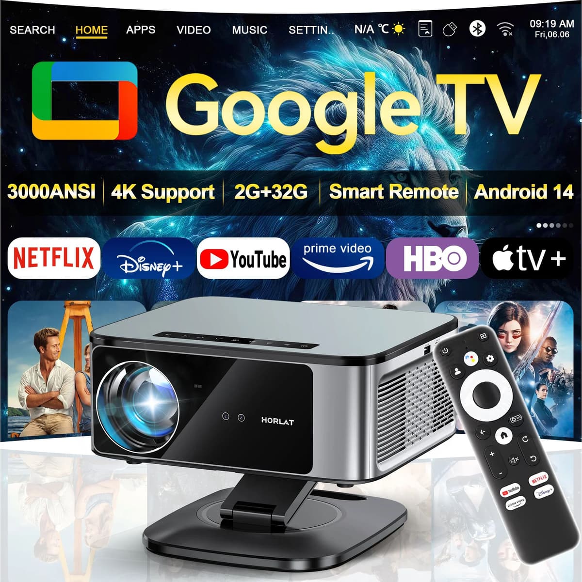 2026 HORLAT Google TV Projector 3000ANSI Lumens Full HD 1080P Auto Focus WiFi 6 3D 4K Support Smart Home Theater Dolby Projector