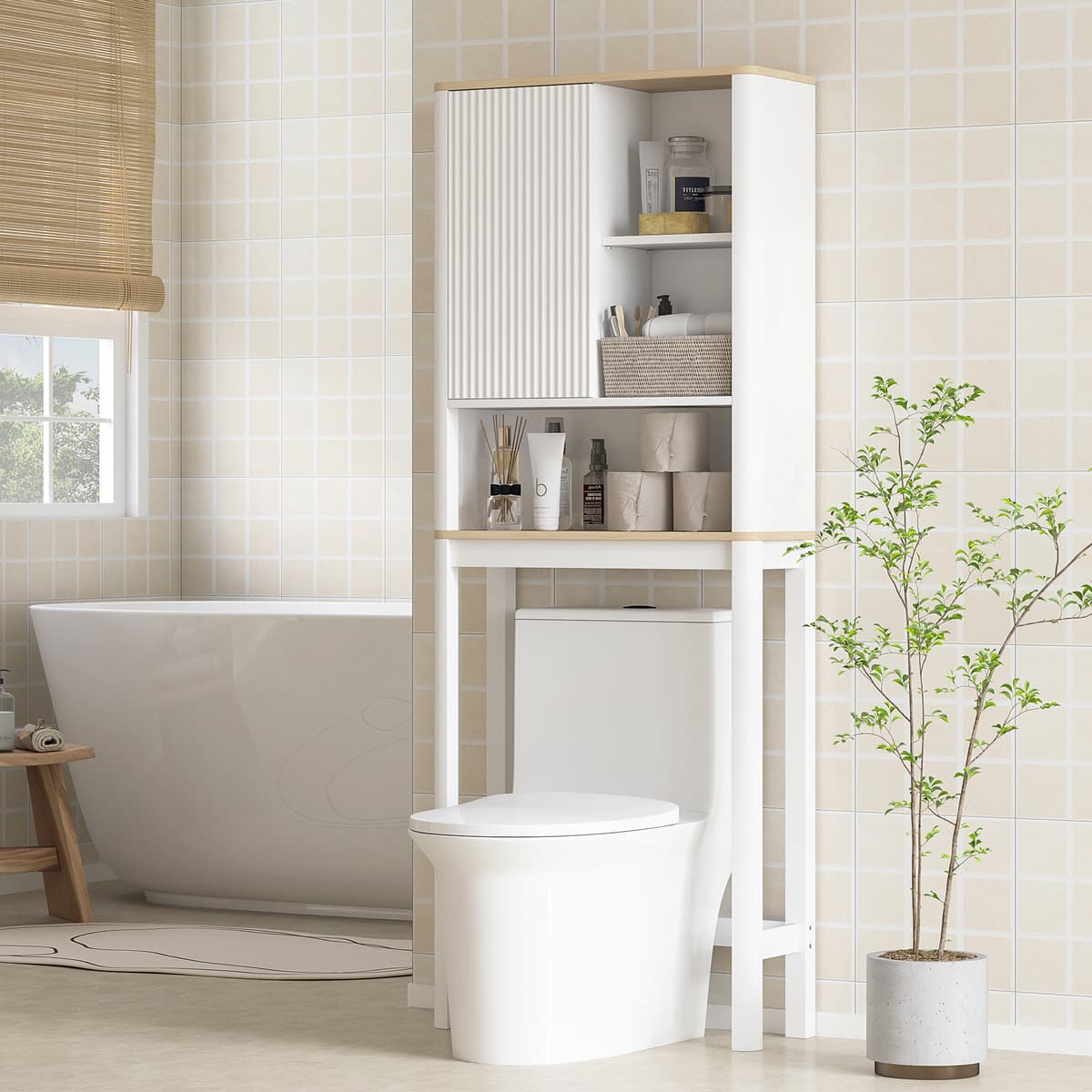 Homcom Mobile Sopra WC con Porta a Doghe, Scomparti e Ripiano Regolabile, 65x25x170 cm, Bianco   Aosom Italy