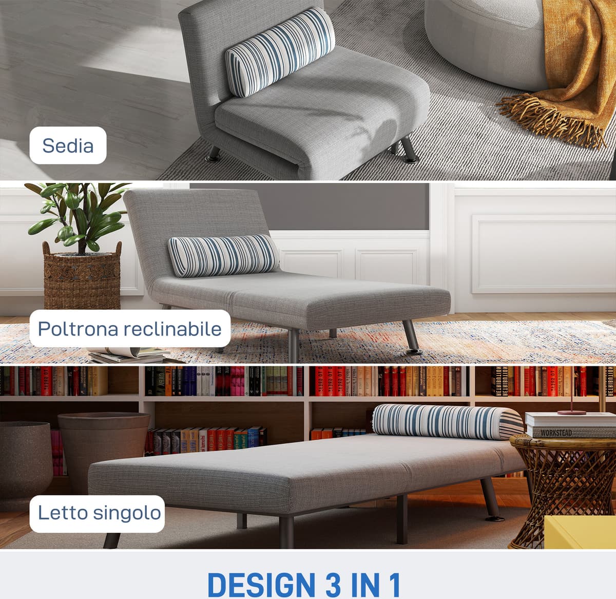 Altro Poltrona Letto Singolo 3 In 1 Con Schienale Reclinabile Su 5 Livelli, Cuscino Imbottito E Materasso, Divano Letto Singolo Pieghevole Per Soggiorno, I