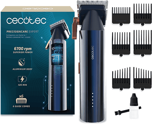 Cortapelos - Cecotec PrecisionCare Expert, Motor Brushless digital, 2 velocidades, 6 peines guía, Cuchillas cerámicas, Autonomía hasta h, Azul