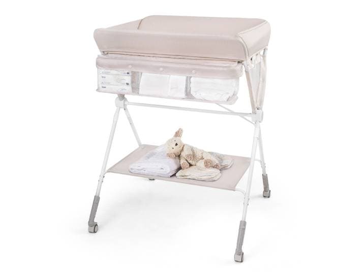Draagbare Commode Opvouwbare Verschoontafel met 3-Voudig Verstelbare Hoogte en Vergrendelbare Wielen 81 x 66,5 x 95-101 cm-Beige