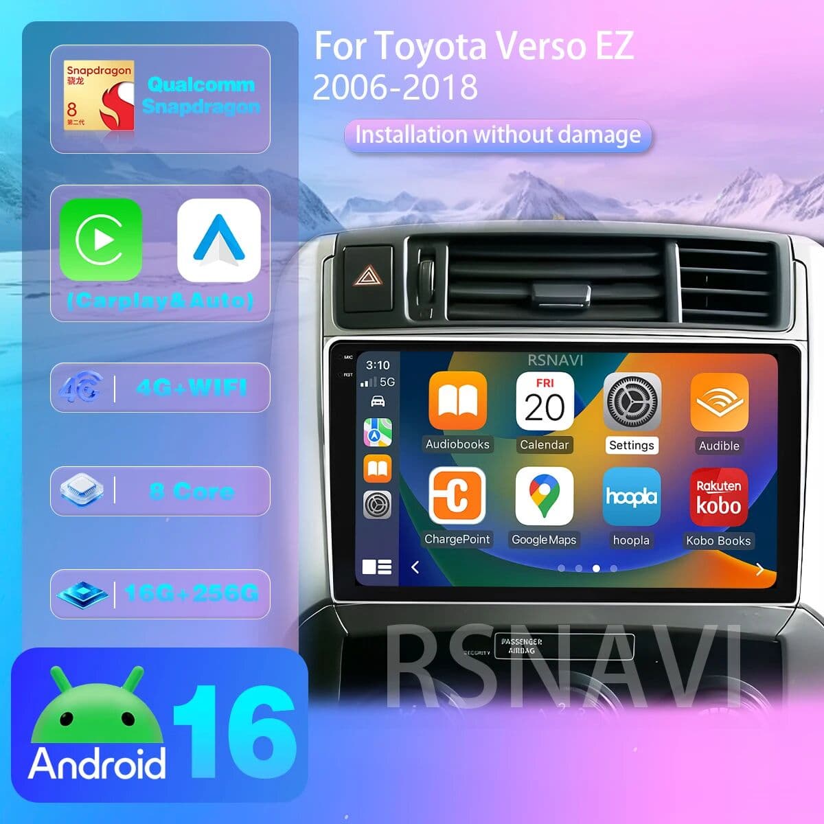 RSNAVI Android 16 For Toyota Verso 2010 2011 2012 2013 2014 2015 2016 Carplay Auto Stereo Video BT Video Car Radio App Control WIFI+4G