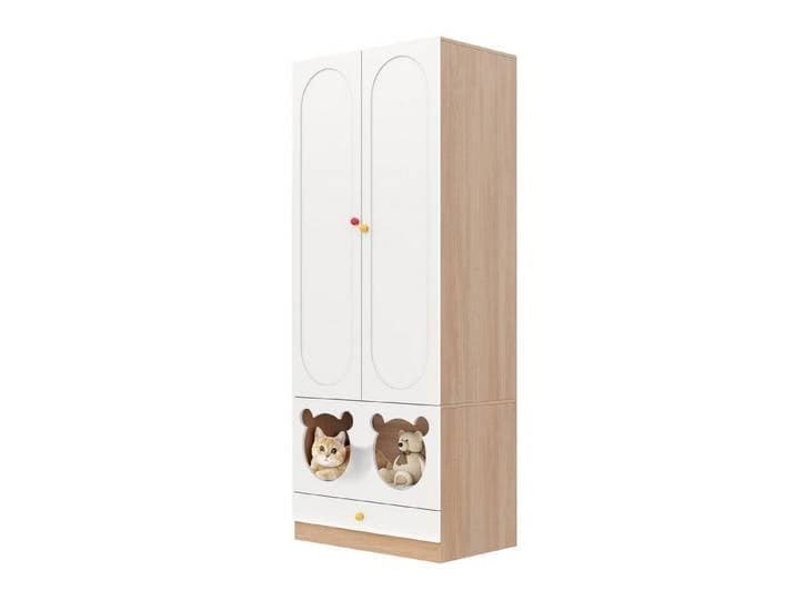 FANNOU Kinderkleiderschrank mit Bügelstange, mit Katzenbett, 80×50×200cm (1-St) Lackierte Platten + Spanplatte, bunte Keramikgriffen