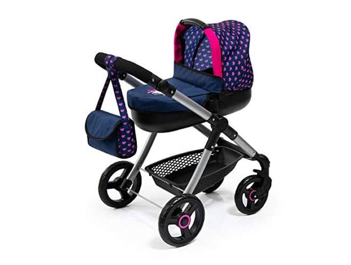 Bayer Design 12654AA kinderwagen stijl met afneembare pop draagbedje, draaibare voorwielen, in hoogte verstelbaar handvat met schoudertas, compatibel met autostoel EasyGo, blauw met harten en eenhoorn
