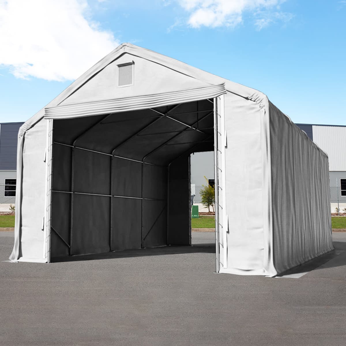 TOOLPORT Ponyva csarnok, 6x8m, PRIMEtex-ponyva, szürke, statikai megerősítéssel (föld alap) - (48672)