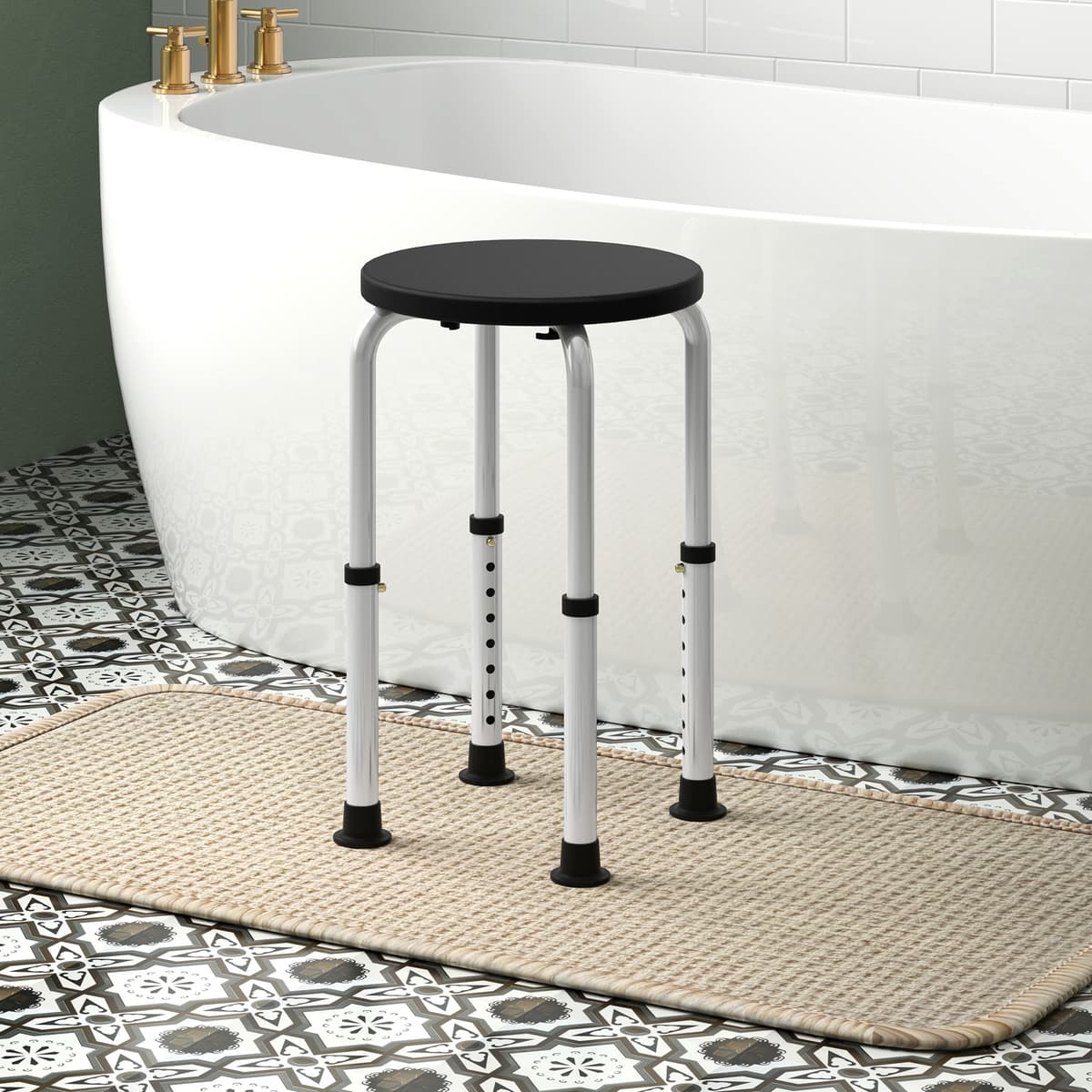 Homcom Sgabello da Doccia Antiscivolo e Regolabile su 8 Altezze, in Alluminio e PE, 32.5x41x35.5-54 cm, Nero   Aosom Italy
