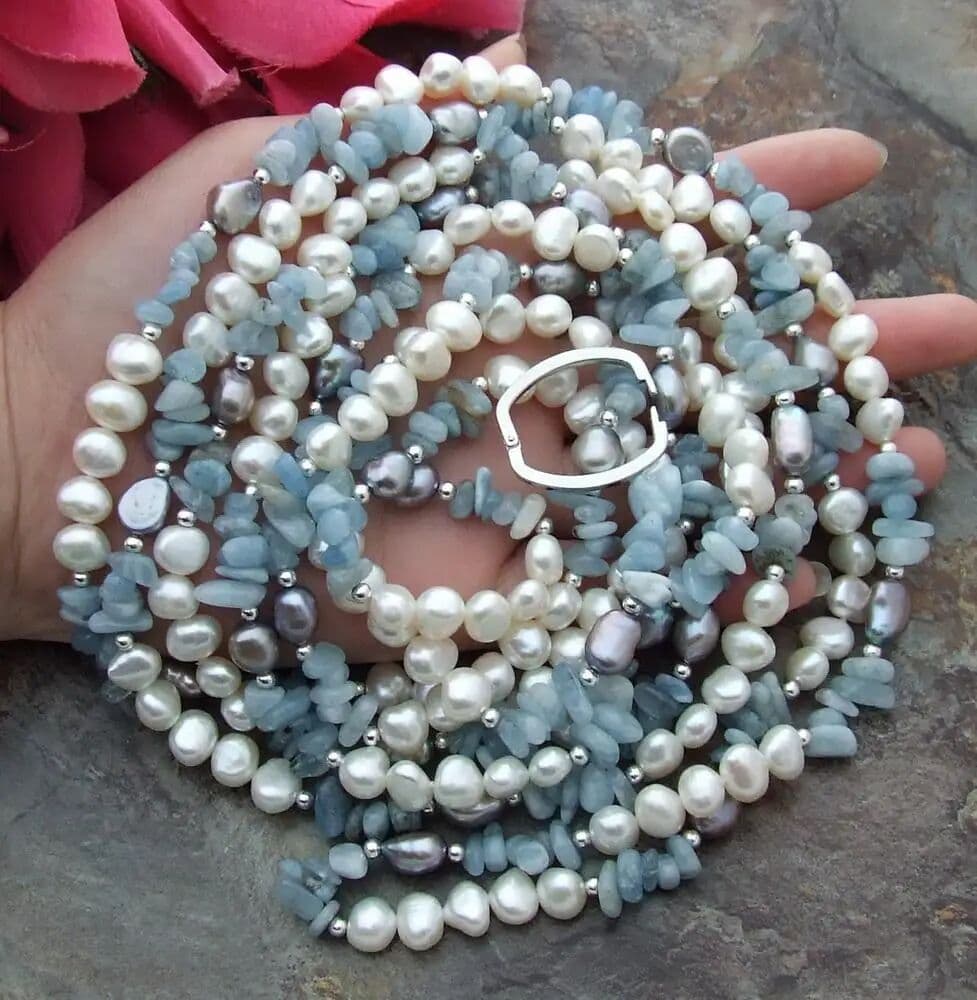 KAKAIBAGEMS YYGEM 93' Natural Genuine Aquamarine Chips White Baroque Freshwater Pearl Long Necklace Handmade Jewelry Gift