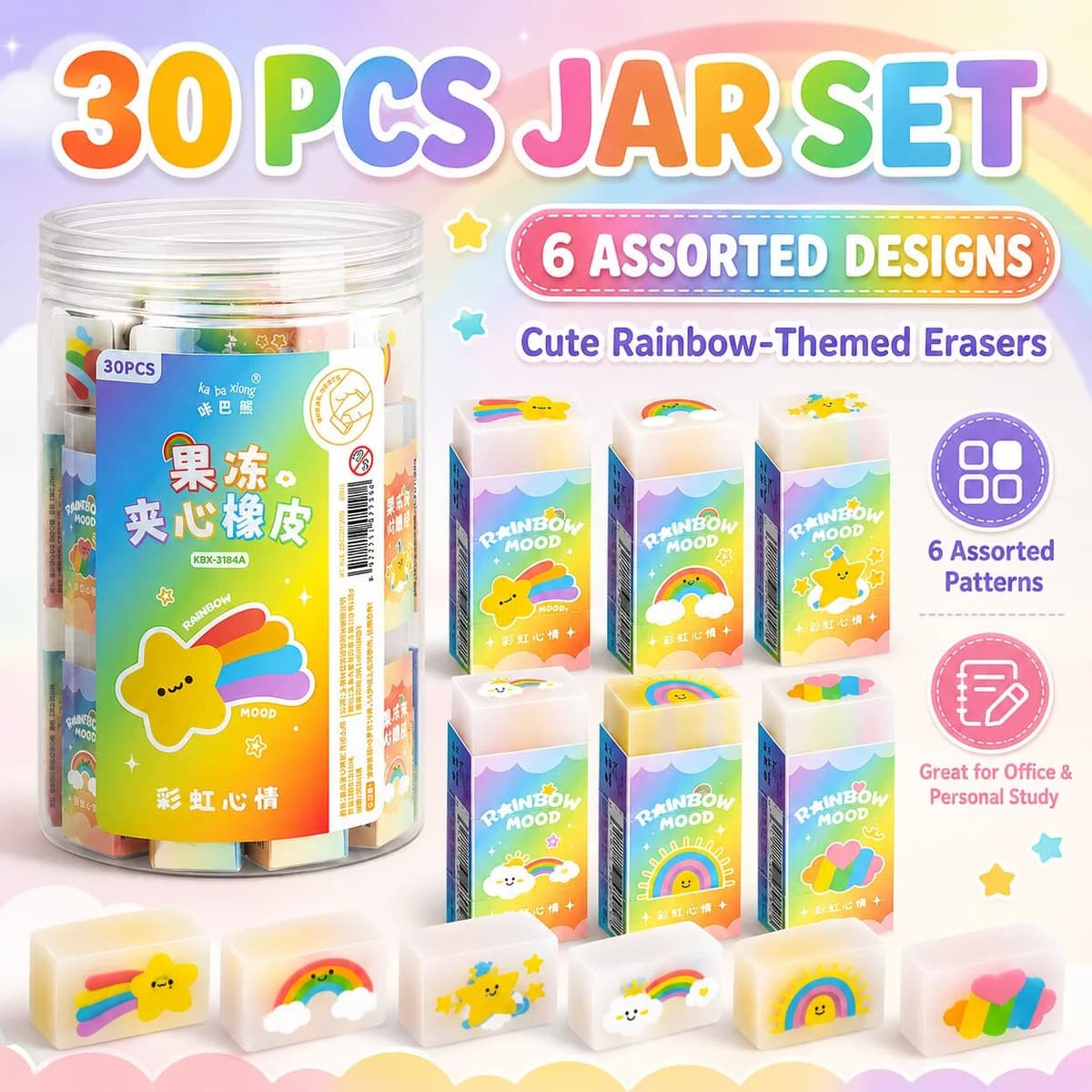 NONE 30Pcs Erasers,6 Assorted Cartoon Designs Eraser Pencil Erasers for  School Suies,Classroom Prize Party Favor Stationery Gifts