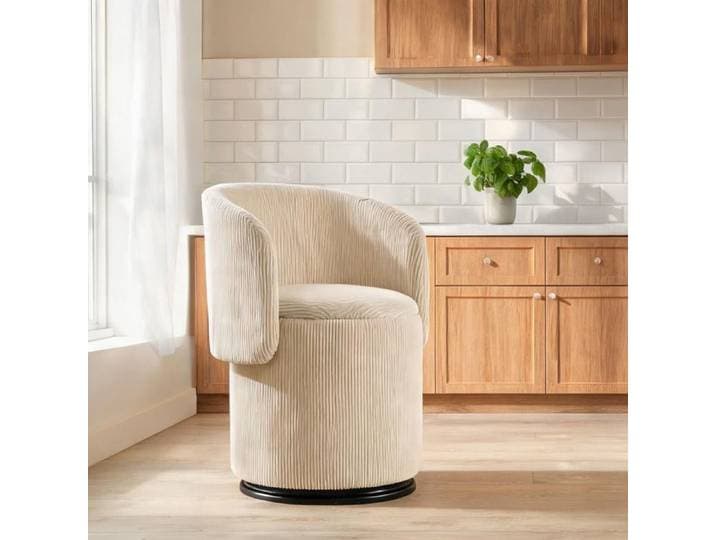 Fauteuil tonneau pivotant 360° en velours côtelé beige avec rangement intégré pour chambre à coucher ou salle à manger