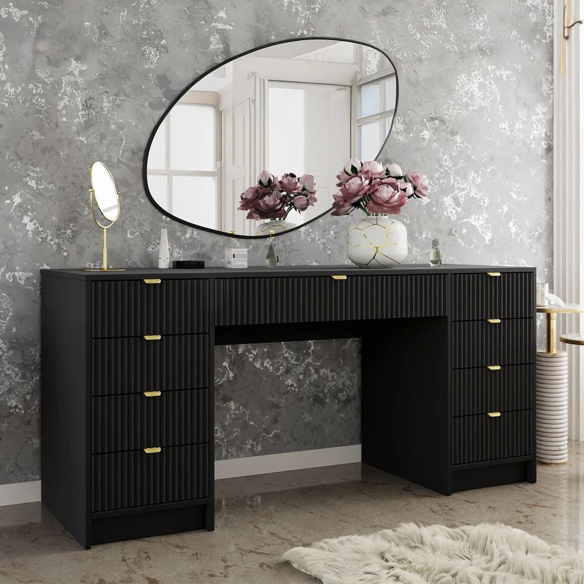 garneroarredamenti Scrivania 154x55cm con 9 cassetti cannettata nero Athena