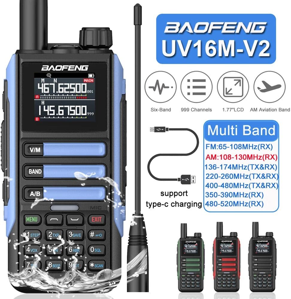 1/2PCS Baofeng UV16M V2 AM FM Walkie Talkie Wireless Copy Frequency 999CH Type-C Long Range Two Way Radio Upgrade UV9R UV16 Plus