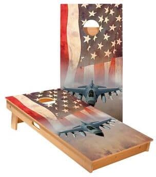 Skip's Garage American Flag With Jet Cornhole Boards