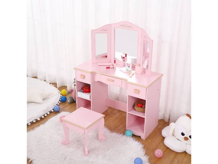 Ensemble coiffeuse et chaise pour enfants en bois avec miroir triple, bureau d'étude et table de maquillage pour chambre de filles