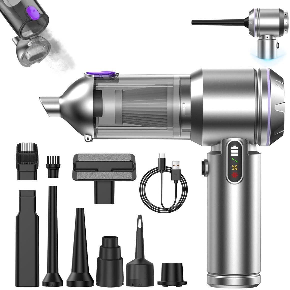 INF Aspirateur de voiture sans fil 2-en-1 haute aspiration 16000mbar, moteur sans balais, batterie 6000mAh et charge rapide Argent