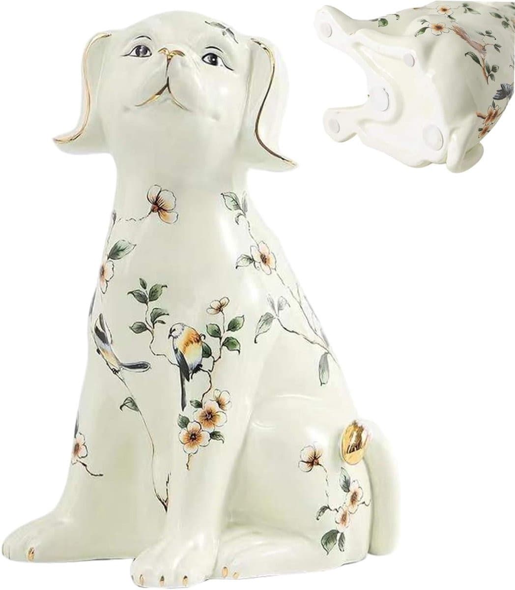 Wit Keramisch Hond Beeldje voor Decoratie - Hoogte: 29,5 cm