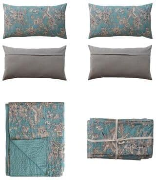 Storied Home Cotton Voile Printed Bed Cover with Florals, Hand-Embroidered Kantha Stitch and 2 King Shams