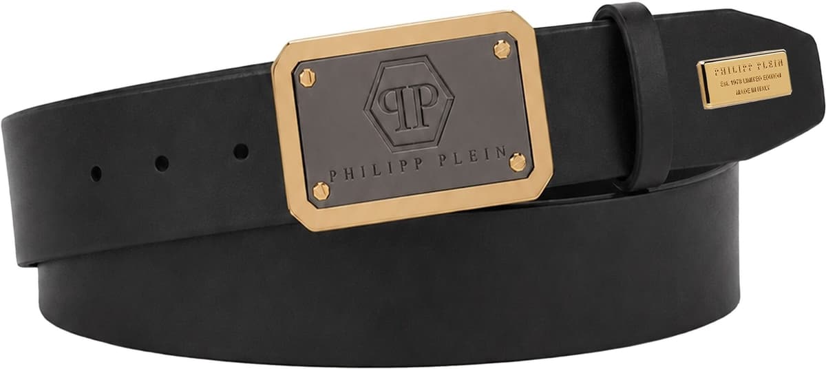Ledergürtel PHILIPP PLEIN "Hexagon", Herren, Gr. 105, schwarz (0293, schwarz, lightgold), Gürtel Ledergürtel