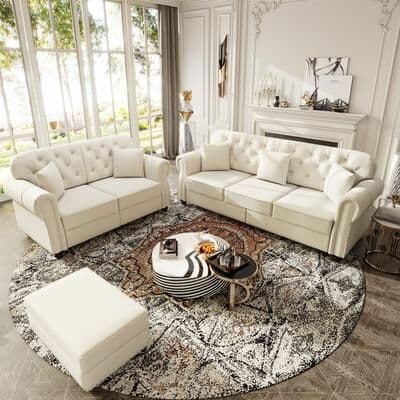 Loedds Velvet Chesterfield Sofa with Ottoman & Tufted Detail & Rolled Arms
