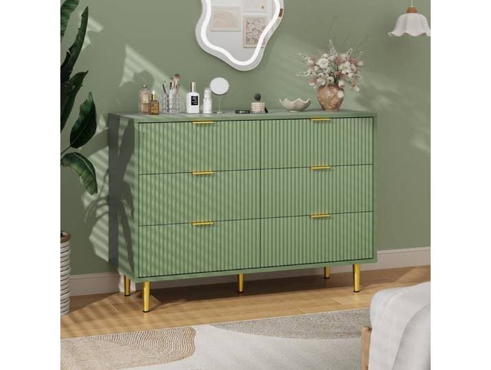 Commode à 6 tiroirs - LUNSY - 100x39 5x74 8 cm - Vert - Façade ondulée - Poignées dorées - Pieds dorés