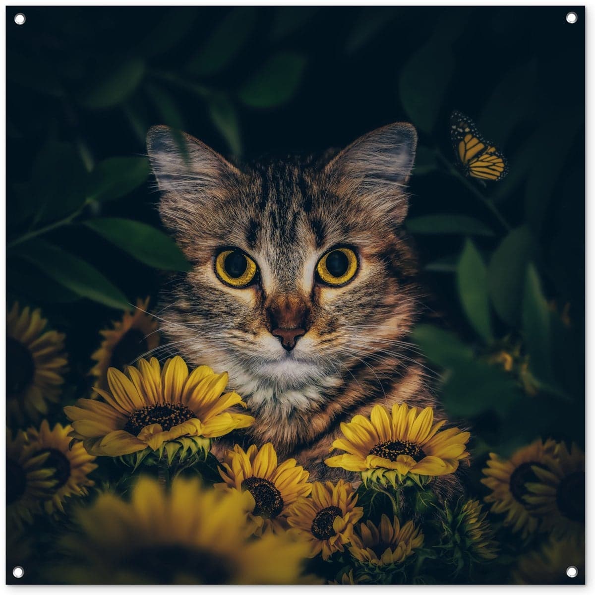 Botanische tuinposter met kat, bloemen en vlinder - Tuindoek wanddecoratie - 100 x 100 cm