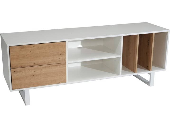 Ervesto Lowboard Tv-Meubel - Tv-Kast - Wit Met Eikendecor - 150x55x40 Cm - Woonkamer Kast Met Lades En Open Vakken