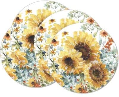 CounterArt Sunflowers Forever Round Reversible Easy Care Flexible Plastic Placemat 4 Pack Made in The USA