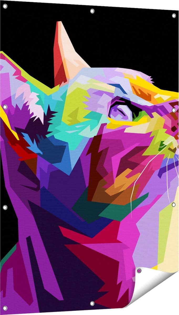 Gards Tuinposter Kleurrijke Kat Kijkt naar Boven - Abstract Tuindoek - B/D/H: 80 x 120 cm