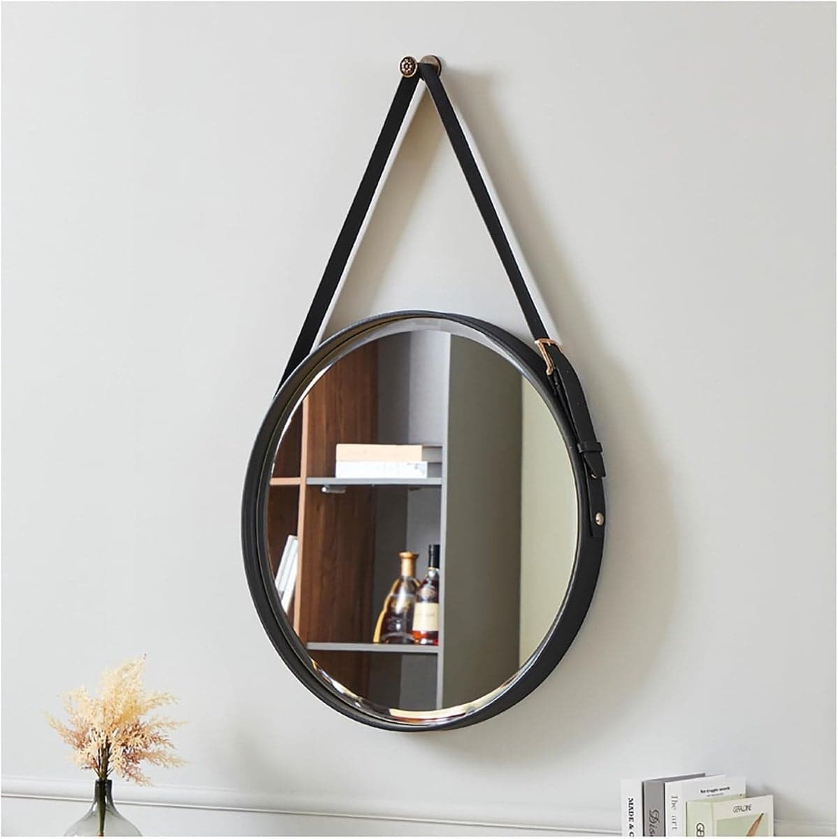 Ronde wandspiegel met zwarte leren band - Decoratieve spiegel voor ruimtelijk effect - Diameter: 60 cm
