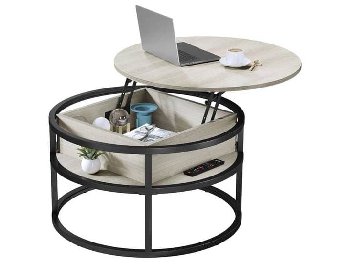 Table Basse Relevable Ronde avec Rangement Plateau Chêne Blanc - Moderne pour Salon 80x80x47 cm Métal et Bois