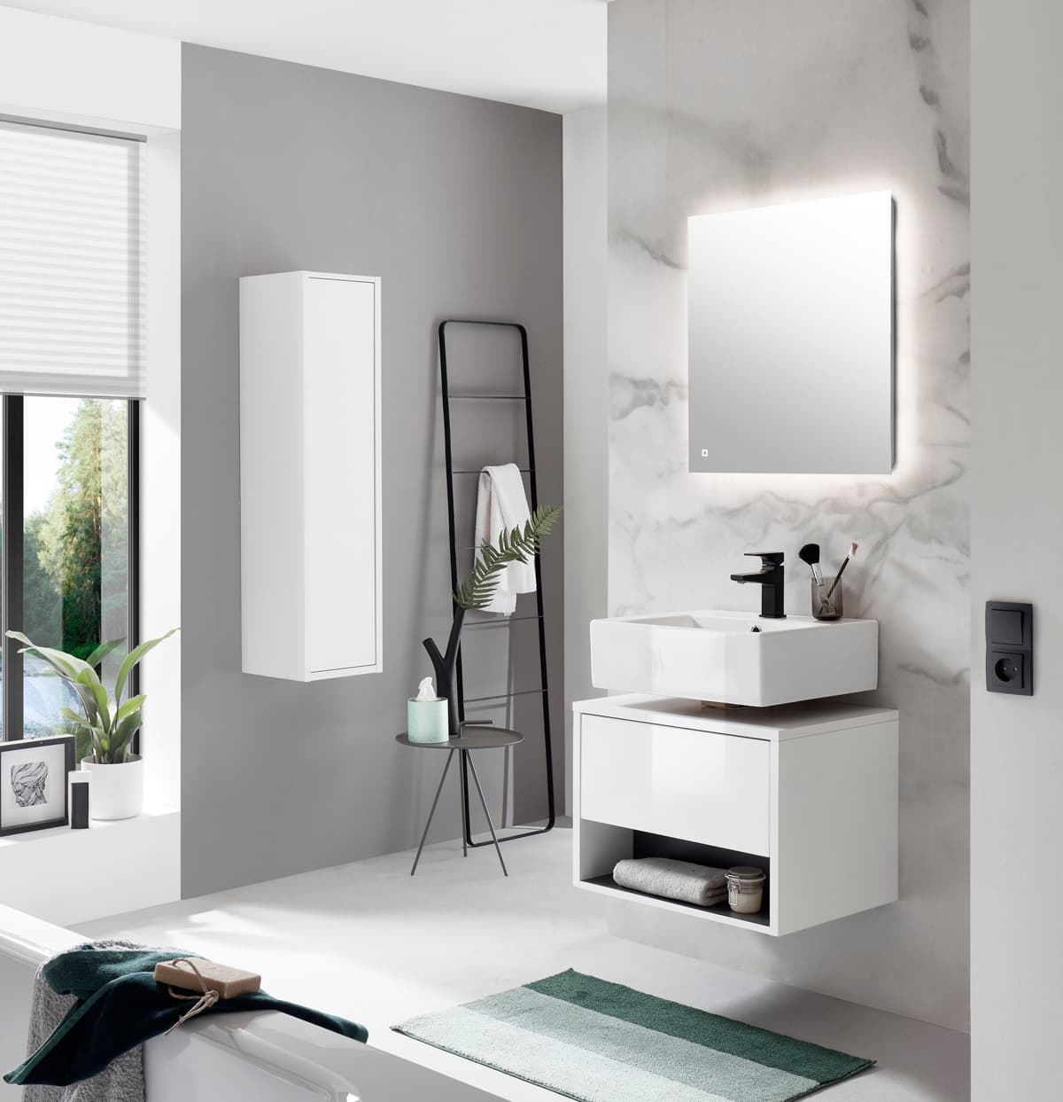 Badmöbel-Set HOME AFFAIRE "Studio Line, Bad im modernen Design, 3-teiliges Badezimmer", weiss (weiß, weiß, applikation anthrazit), Kastenmöbel-Sets, Badmöbel-Set, Schrank, Unterschrank und Spiegel, in zwei Farben verfügbar, Stauraum weiß, weiß, applikatio