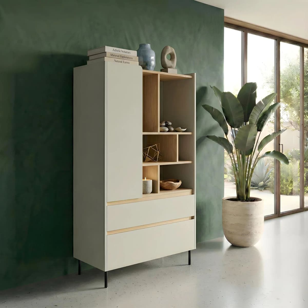 garneroarredamenti Libreria 80x165h cm con 1 anta 2 cassetti e 6 vani a vista verde rovere chiaro Linfa